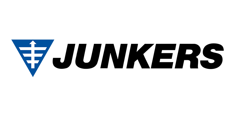 Logotipo da Junkers, uma marca de relógios, com um símbolo azul e branco e texto preto.