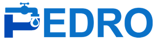 Logotipo azul de PEDRO con un grifo que forma la letra P y una gota de agua debajo del grifo.