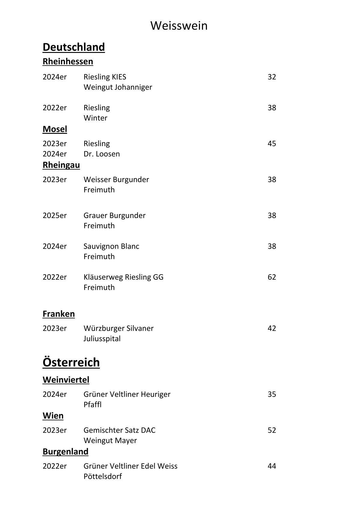 Restaurant Essenz | Weinkarte