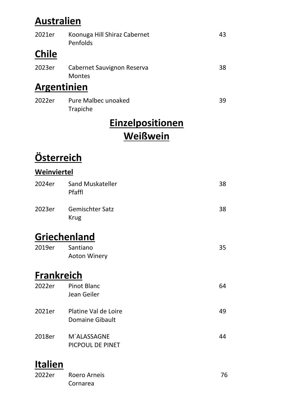 Restaurant Essenz | Weinkarte