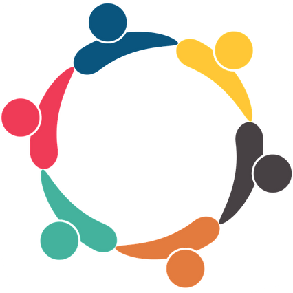 Personas tomadas de la mano en un círculo, representando a la comunidad, en varios colores: rojo, verde azulado, naranja, negro, amarillo y azul.