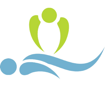 Un logotipo estilizado de una persona que recibe atención, con una figura verde sobre una figura azul en una línea azul fluida.