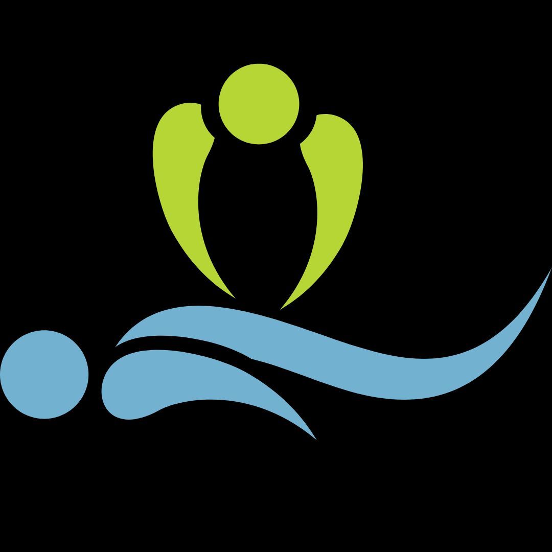 Un logotipo estilizado de una persona que recibe atención, con una figura verde sobre una figura azul en una línea azul fluida.