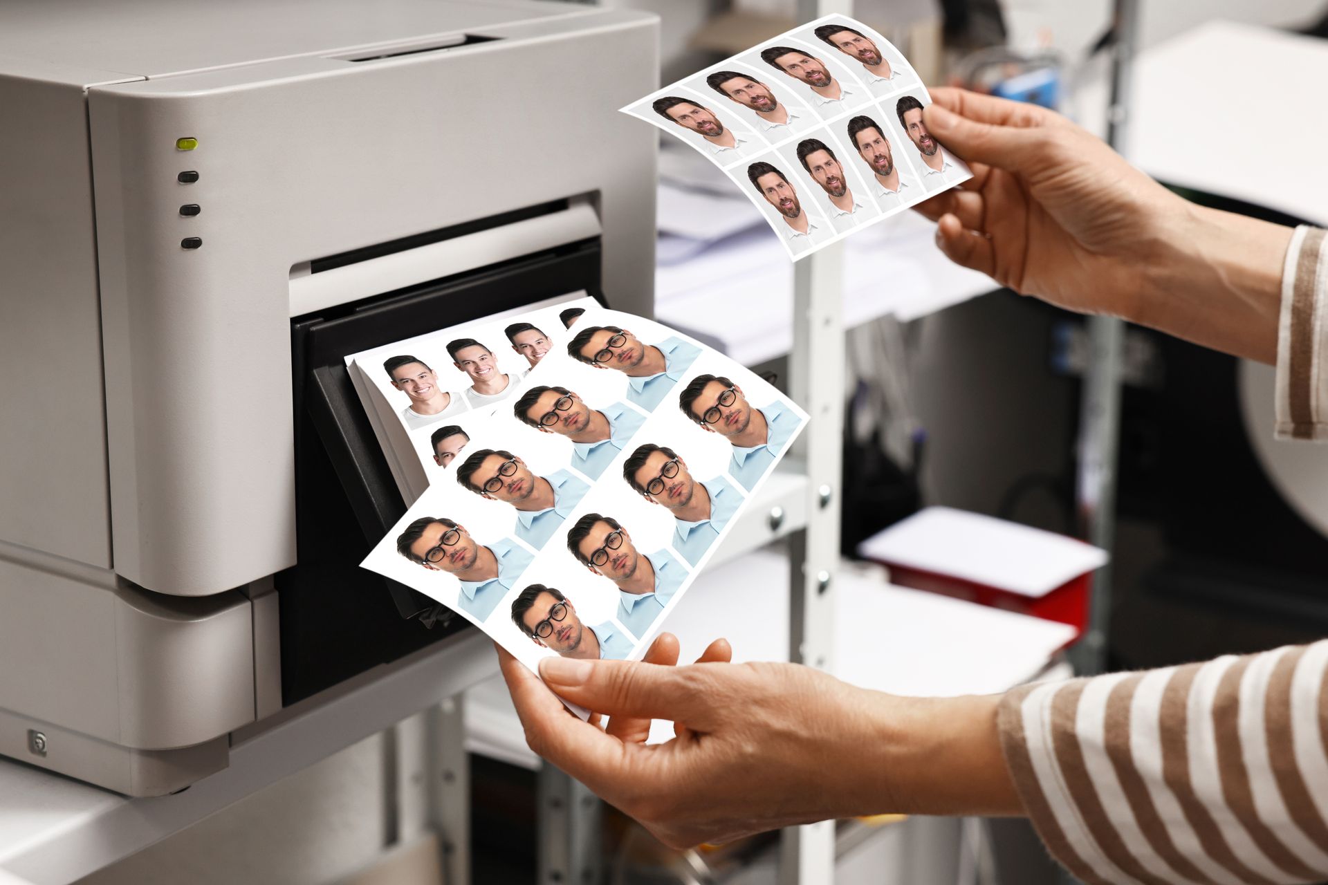 Des mains tenant des feuilles de photos imprimées sortant d'une imprimante de bureau dans un environnement de bureau.
