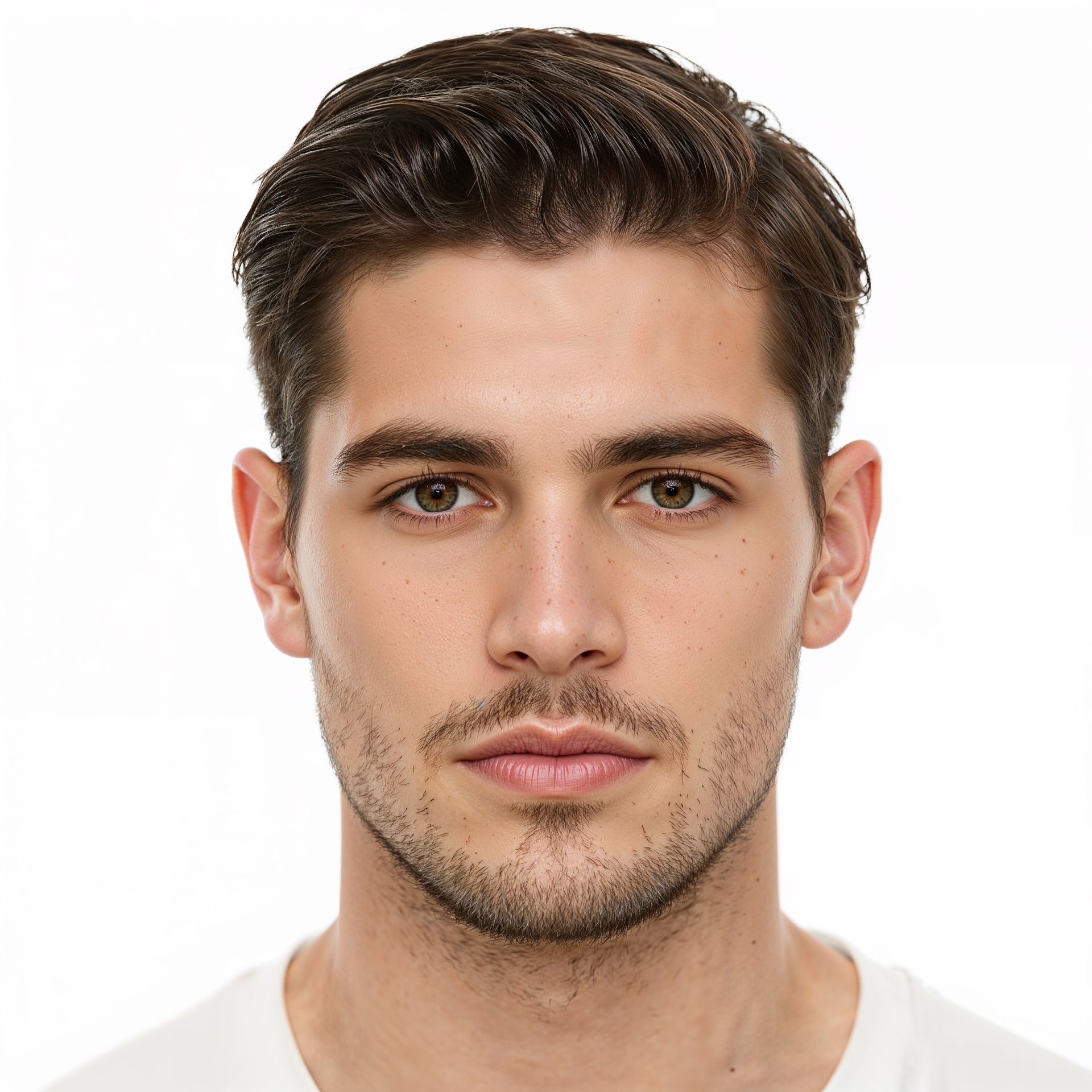 Portrait en buste d'un homme aux cheveux courts et foncés sur fond blanc.