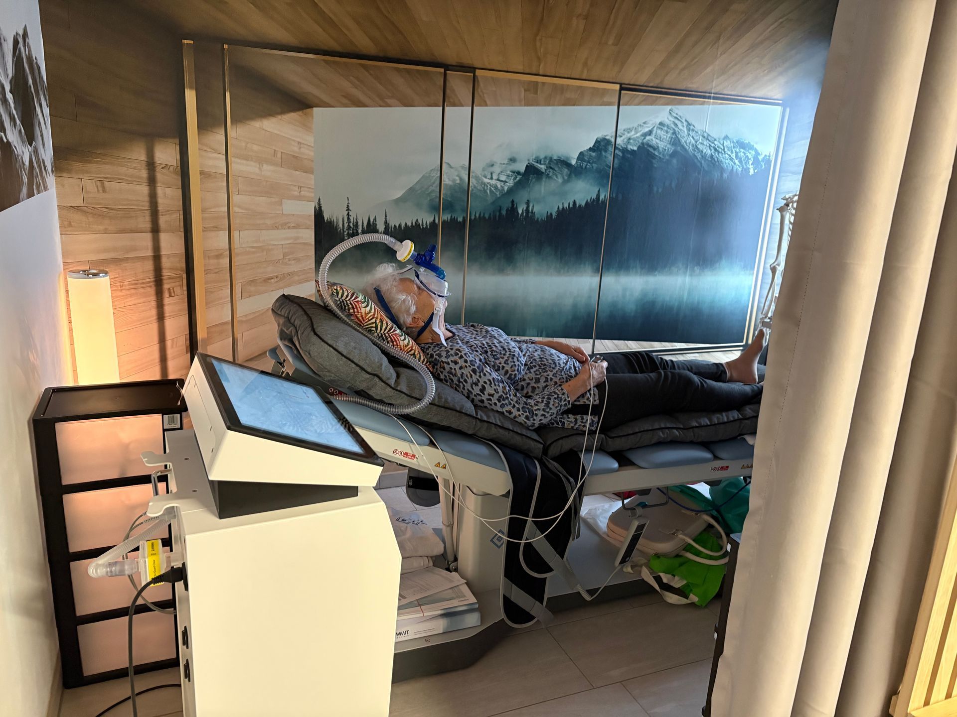 Eine Frau liegt auf einem Bett in einem Zimmer mit Bergen im Hintergrund.