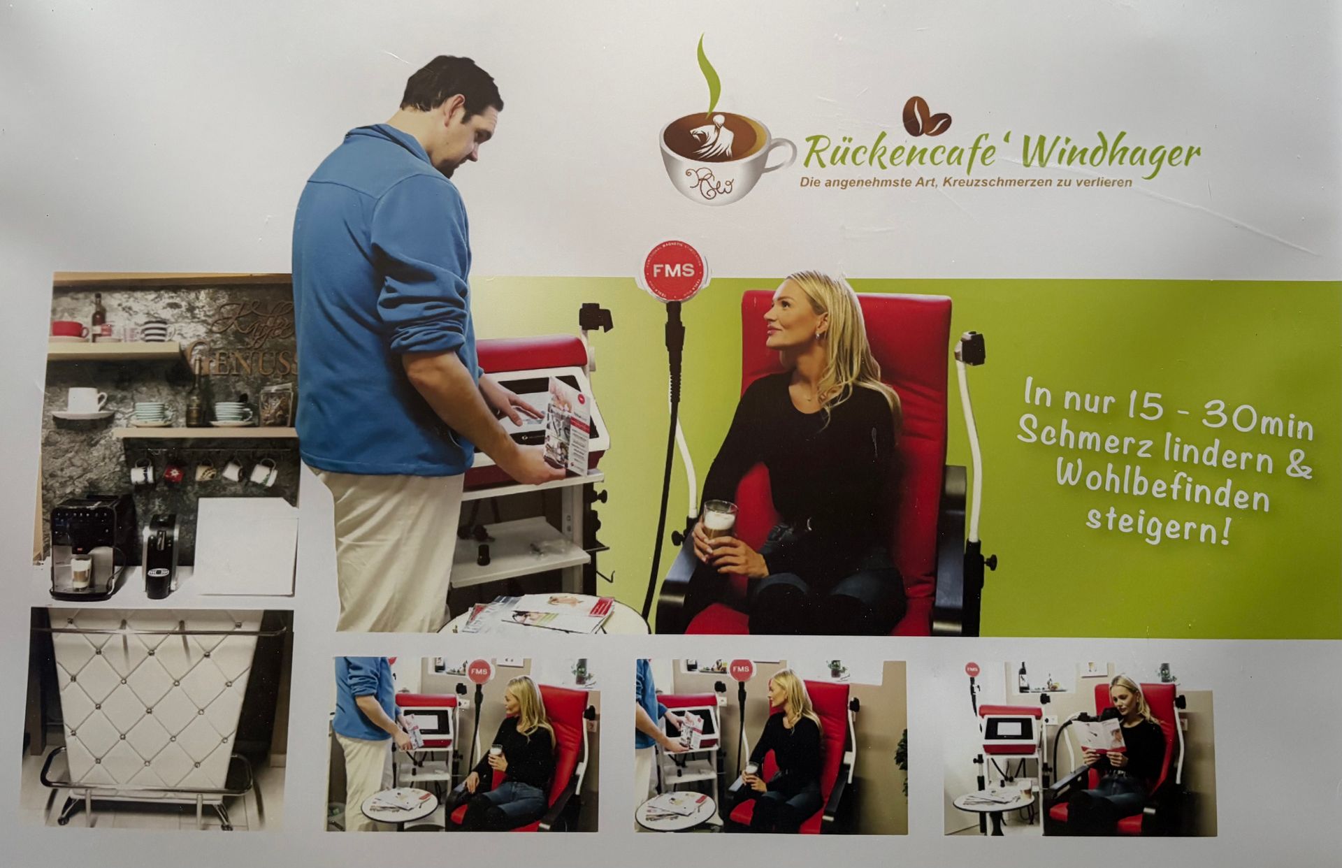 Ein Mann spricht mit einer Frau in einem roten Stuhl