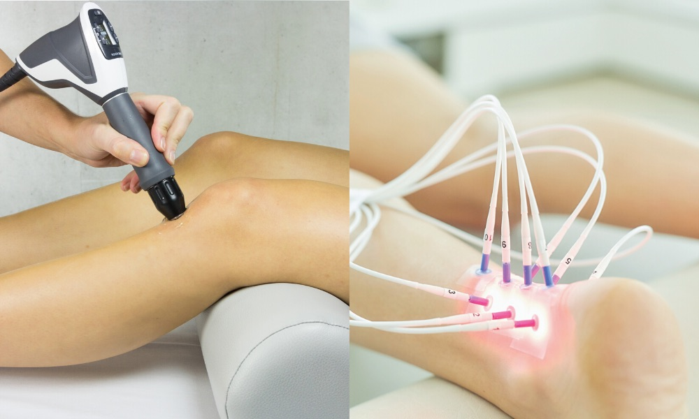 Eine Frau bekommt eine Behandlung an ihrem Knie und Knöchel.