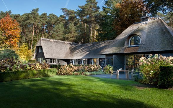 Een modern huis met een rieten dak en donkere buitenmuren staat naast een weelderig groen gazon en een bos in de herfst.