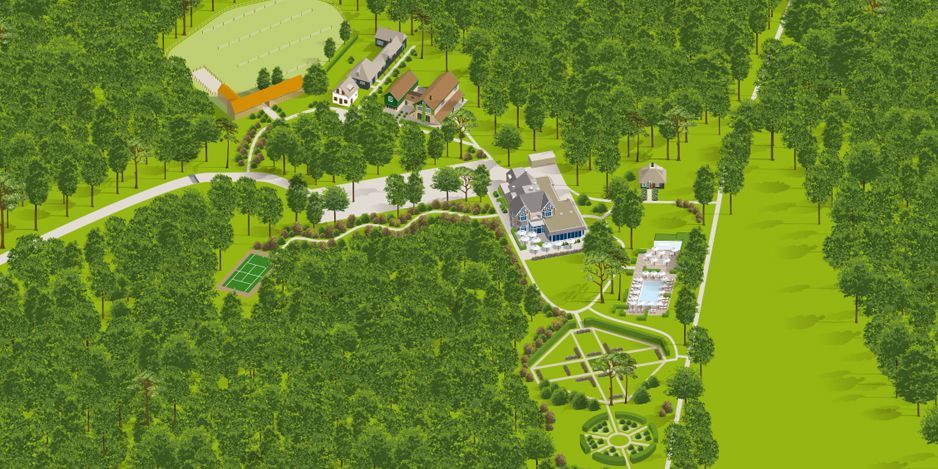 An aerial, illustrated map shows a large estate with a main house, pool, formal gardens, and tennis court set in a forest.