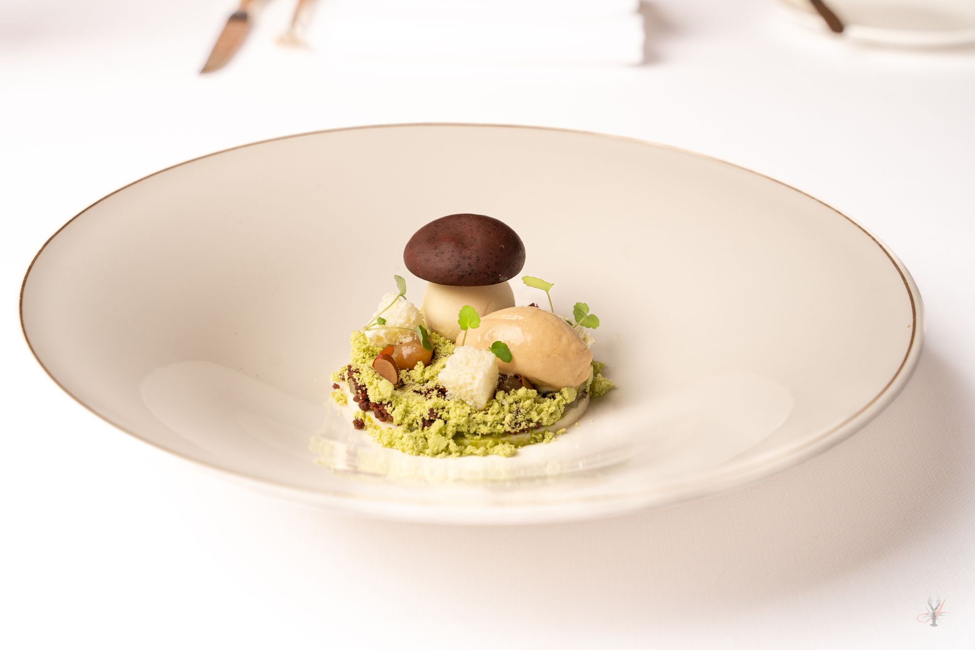 Een gastronomisch dessert in de vorm van een paddenstoel, met een chocoladekapje en een bolletje karamel op een bedje van groene cakekruimels.