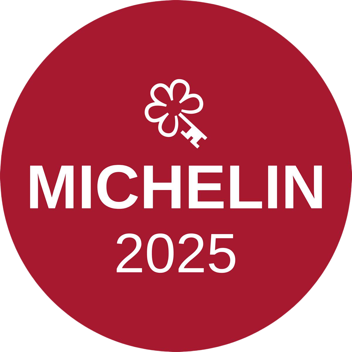 Een bordeauxrode cirkel met het witte Michelin-sleutellogo boven de tekst 