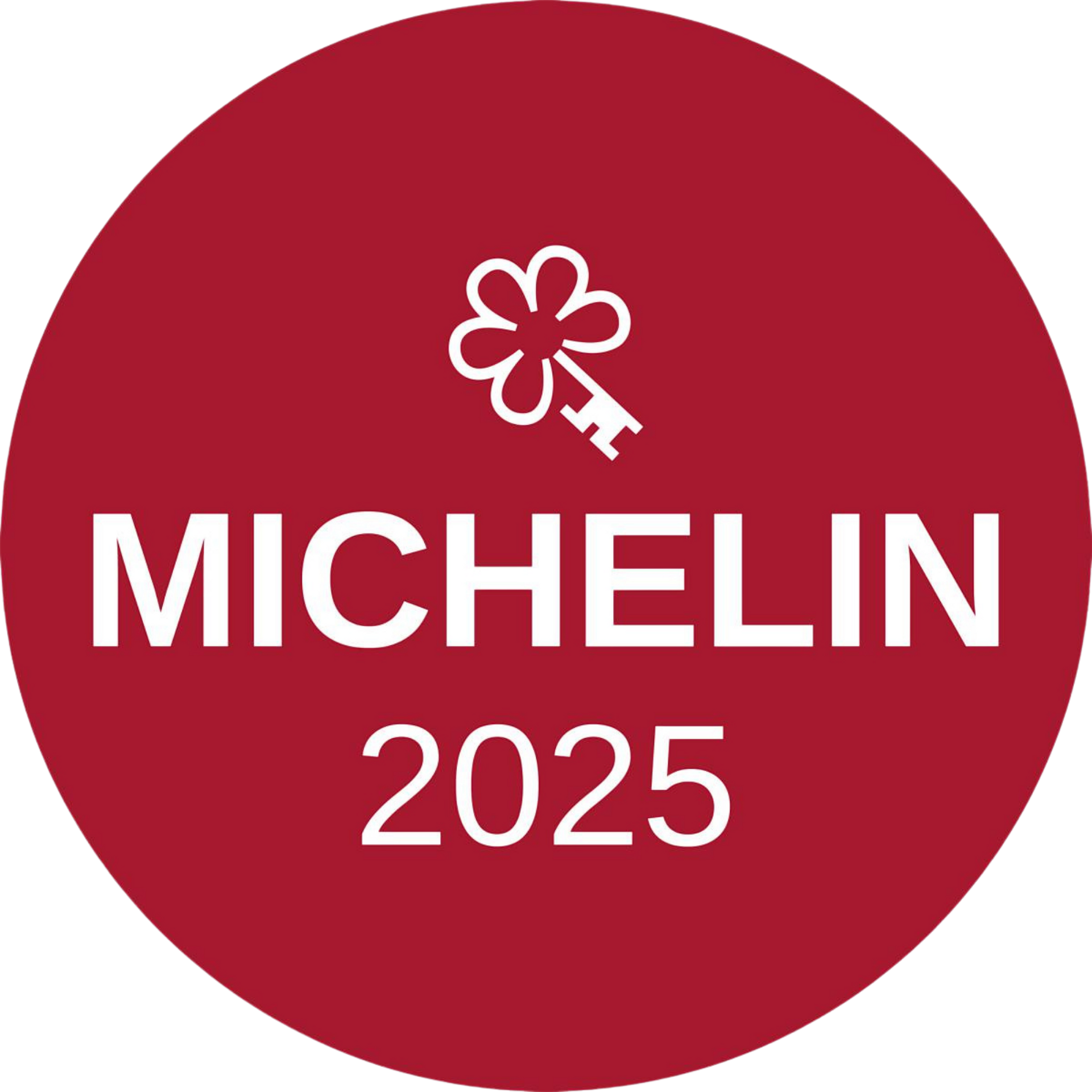 Een rood, rond logo met een wit Michelin-sleutelsymbool boven de tekst 