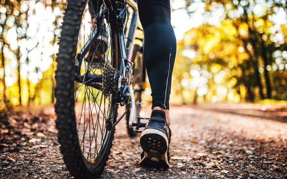 Een fietser in een zwarte legging staat met zijn mountainbike op een onverhard pad, omringd door zonovergoten bomen.