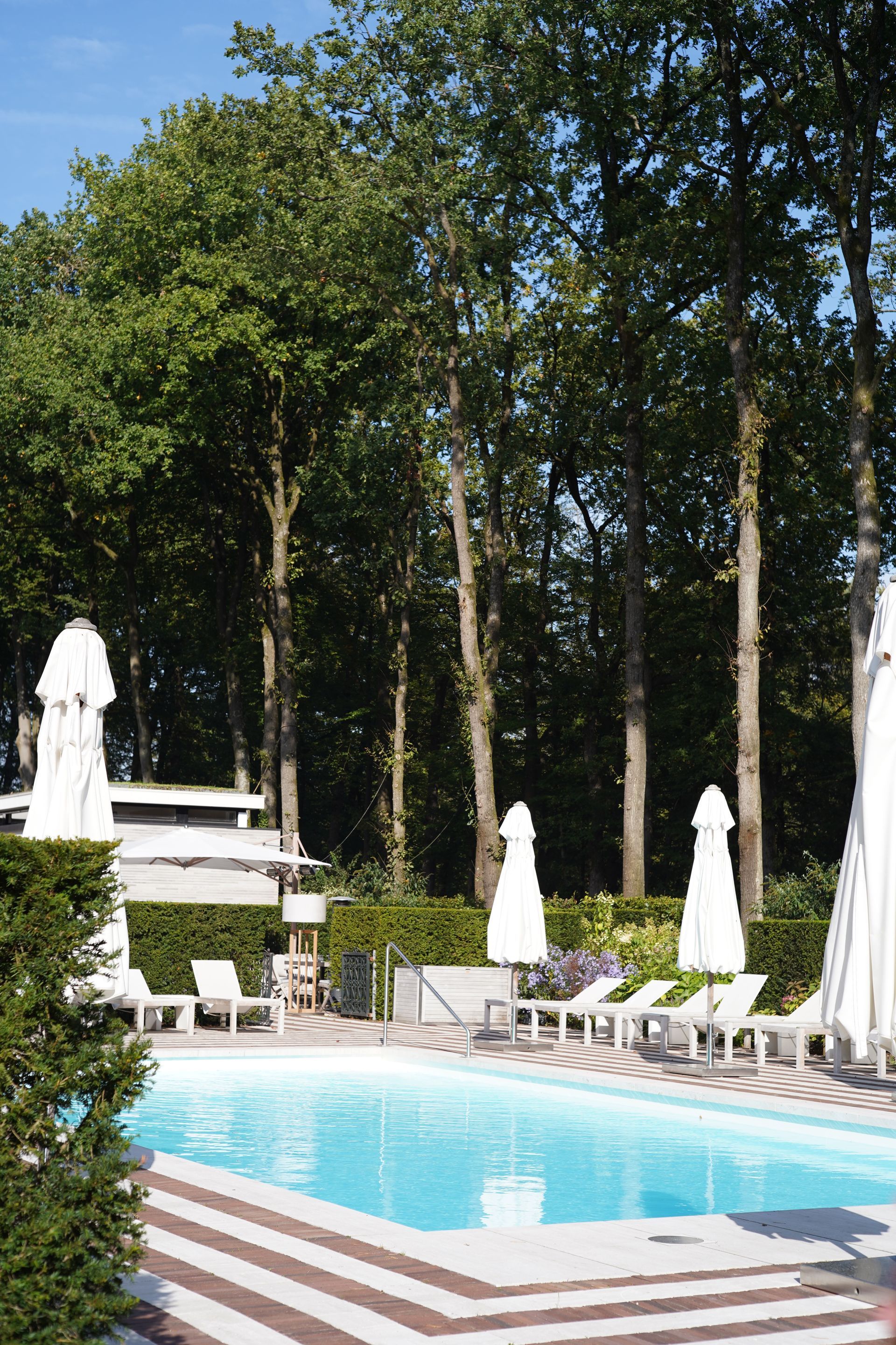 Een rechthoekig buitenzwembad, omgeven door een terras met witte ligstoelen en gesloten parasols, en met bomen op de achtergrond.
