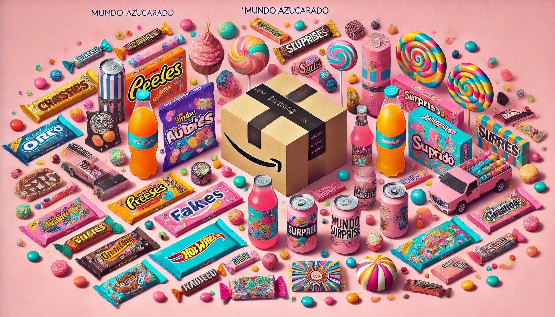 Una caja de Amazon rodeada de dulces y bebidas sobre un fondo rosa.