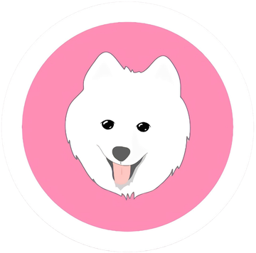Un perro blanco con la lengua afuera está en un círculo rosa.