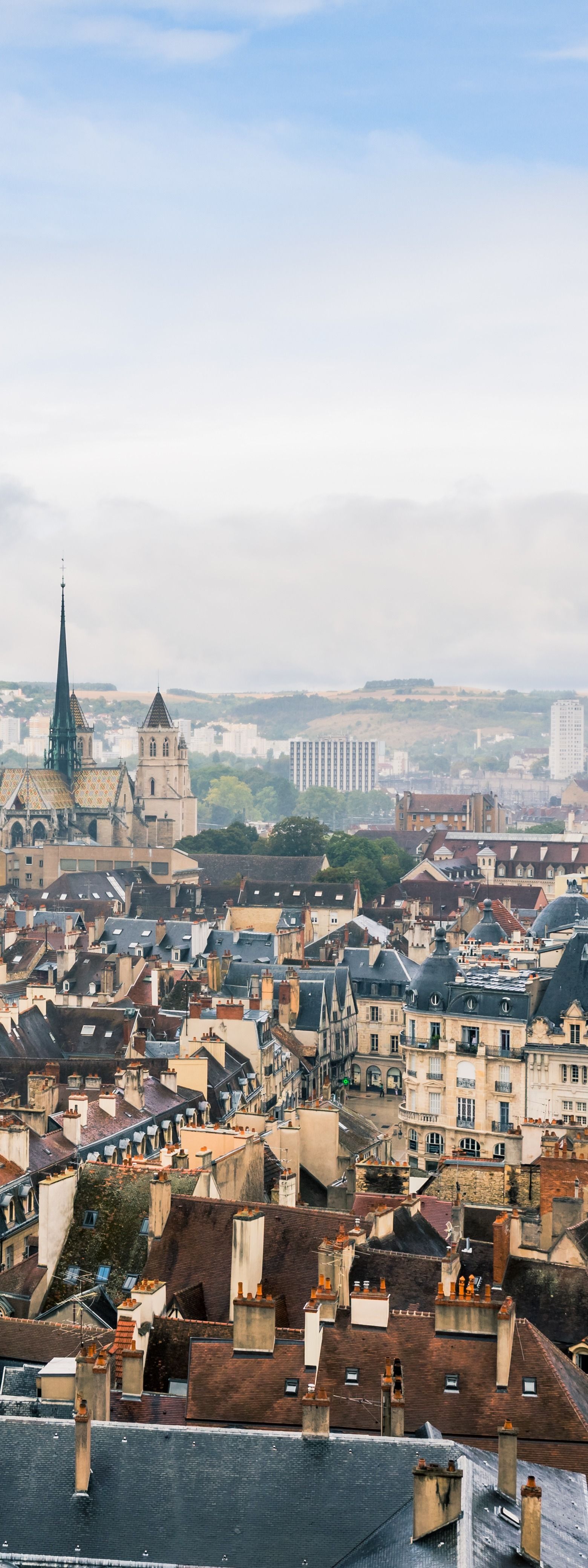 Paysage urbain panoramique avec ses toits historiques denses et le clocher d'une église sous un ciel brumeux