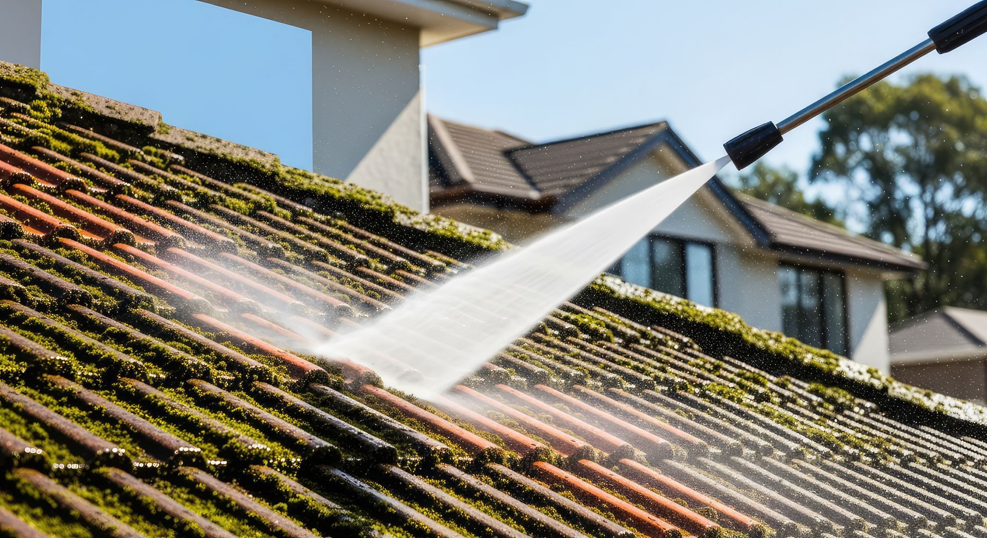 Un nettoyeur haute pression pulvérise de l'eau sur un toit recouvert de mousse dans un quartier résidentiel