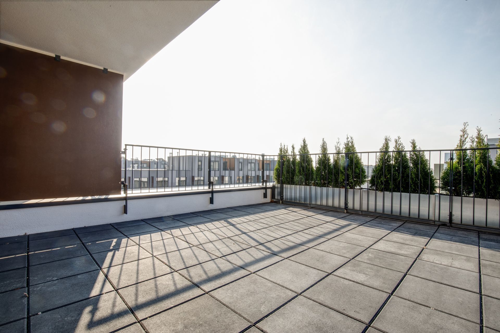 Terrasse sur le toit vide, avec sol carrelé, rambarde en métal et plantes à feuillage persistant en pot, baignée de soleil.