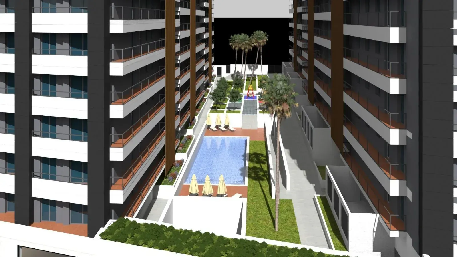 Impresión artística de un edificio con una piscina en el medio.