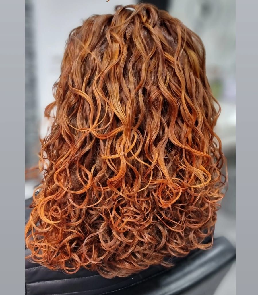 Vista posterior de una persona con cabello rizado de color castaño oscuro y longitud media.