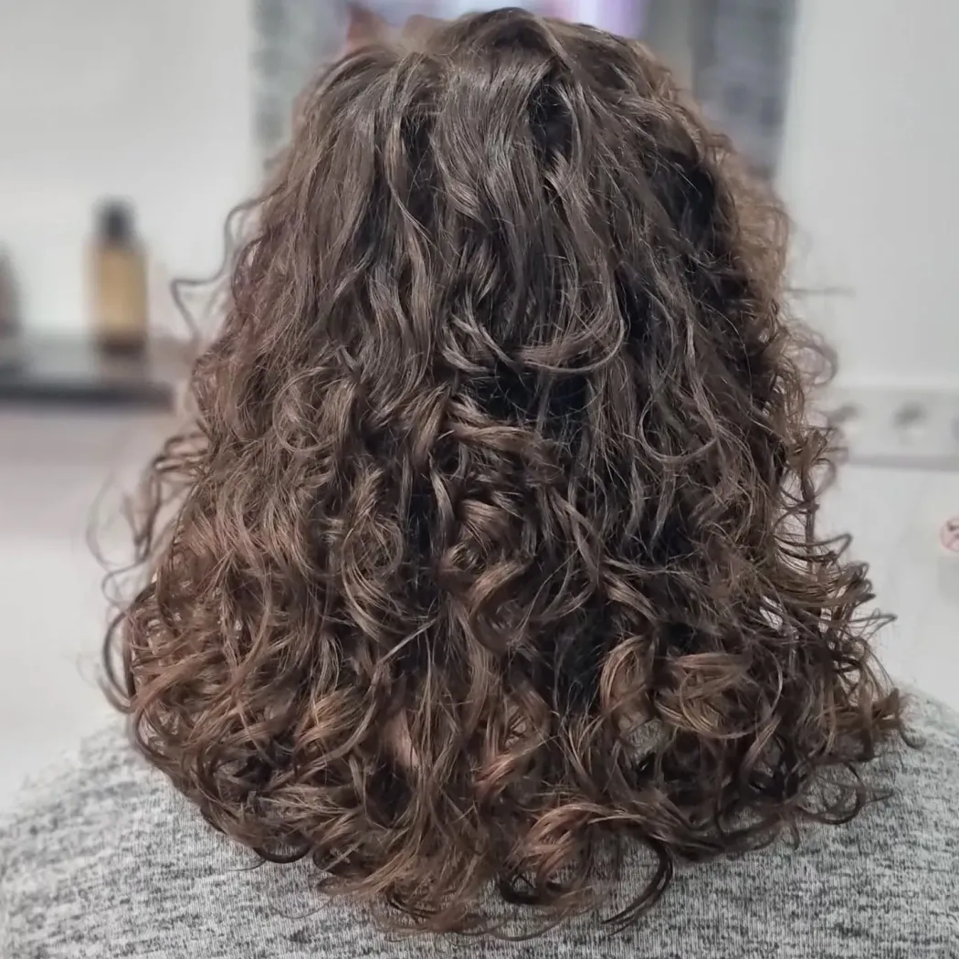 Vista posterior de una persona con cabello rizado de color castaño oscuro y longitud media.