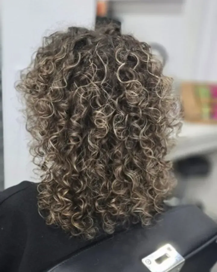 Una persona con cabello rizado castaño oscuro hasta los hombros con reflejos rubios más claros, vista desde atrás.