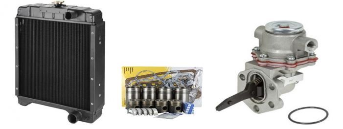 Jäähdytin, pakkauksessaan olevat venttiilinnostimet ja mekaaninen polttoainepumppu valkoista taustaa vasten.