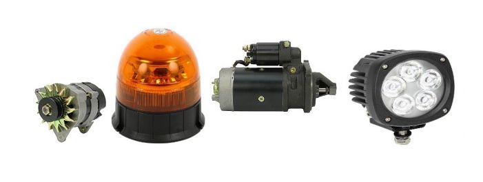 Autonosia: laturi, oranssi pyörivä majakka, käynnistysmoottori ja LED-työvalo valkoisella taustalla.
