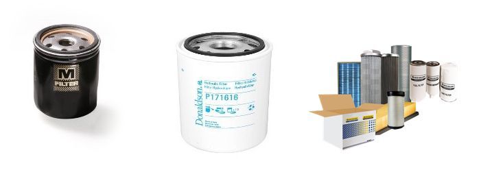 Kokoelma erilaisia ​​teollisuuden öljyn- ja ilmansuodattimia, mukaan lukien mustavalkoiset suodattimet ja laskostetut patruunat.