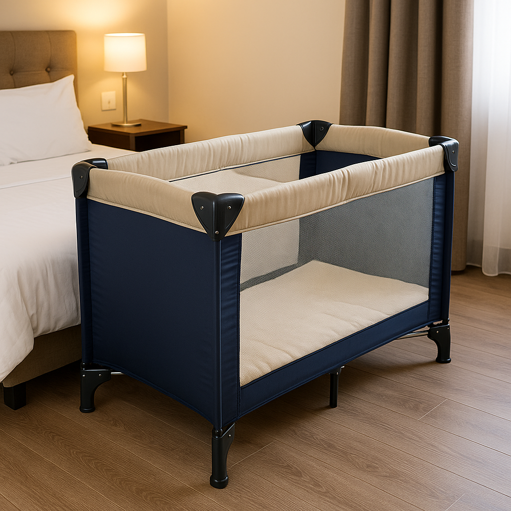 Lit bébé portable bleu marine et beige dans une chambre à côté d'un lit et d'une lampe.