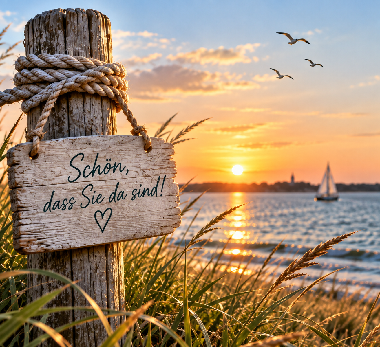 Sonnenuntergang am Wasser mit Segelboot und Willkommensgruß