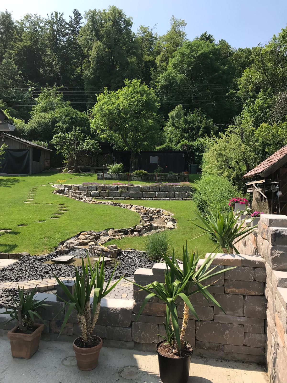 Ein sonniger Hinterhof mit saftig grünem Rasen, Steinmauern und kleinen Schuppen, umgeben von Bäumen.