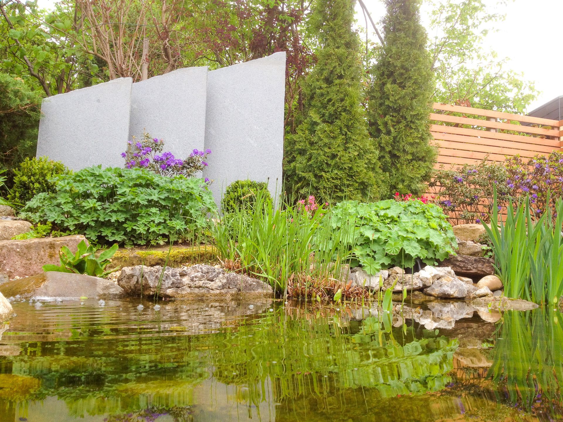 Ein Teich in einem Garten mit einem Zaun im Hintergrund