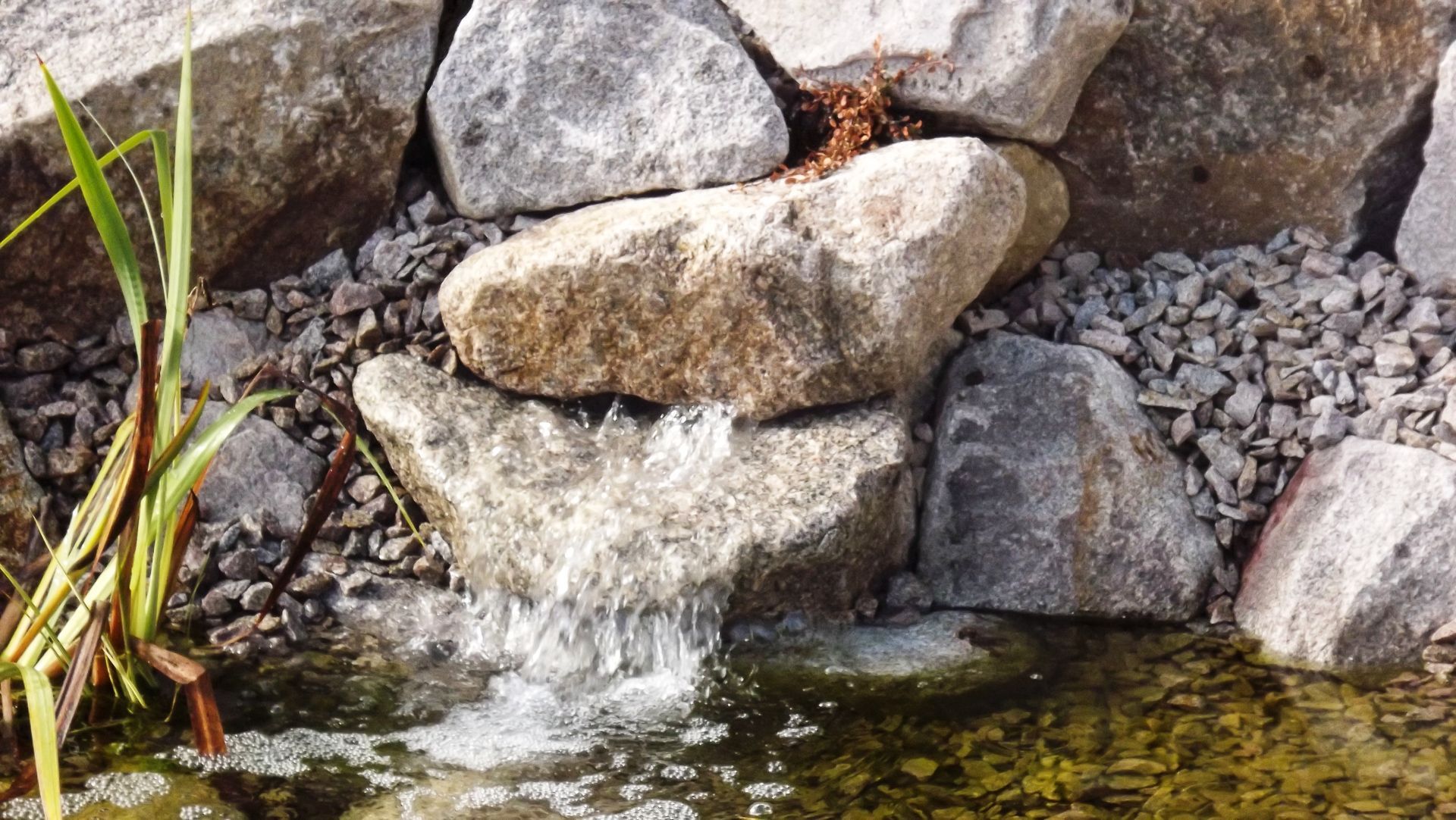 Ein kleiner Wasserfall ist von Felsen in einem Teich umgeben.