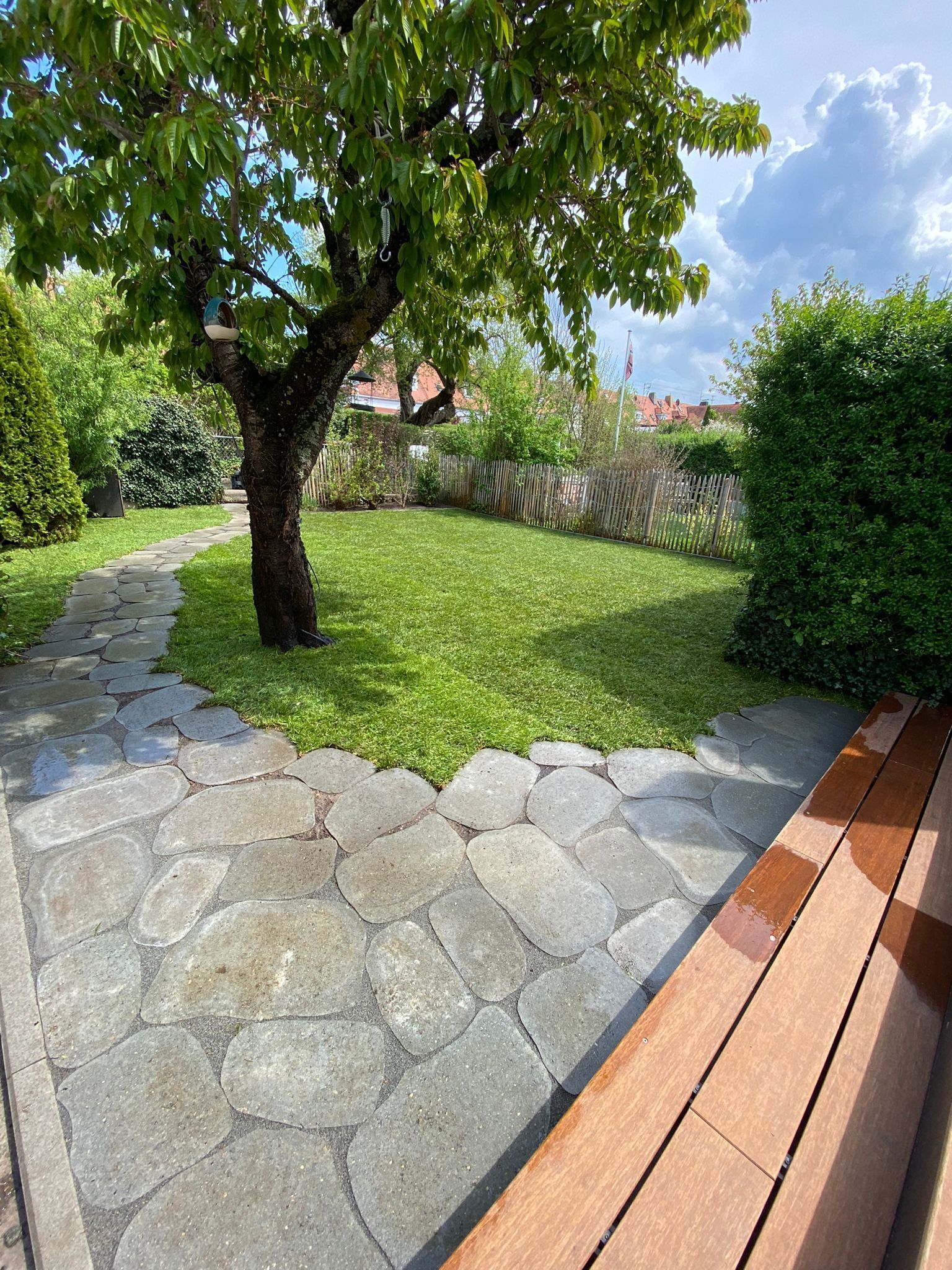 Ein Steinpfad führt durch einen grünen Garten mit einem Baum und Sträuchern. Helles Tageslicht.