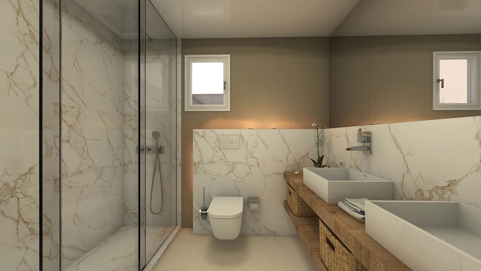 Salle de bain avec un WC au milieu, une douche à gauche et des lavabos à droite