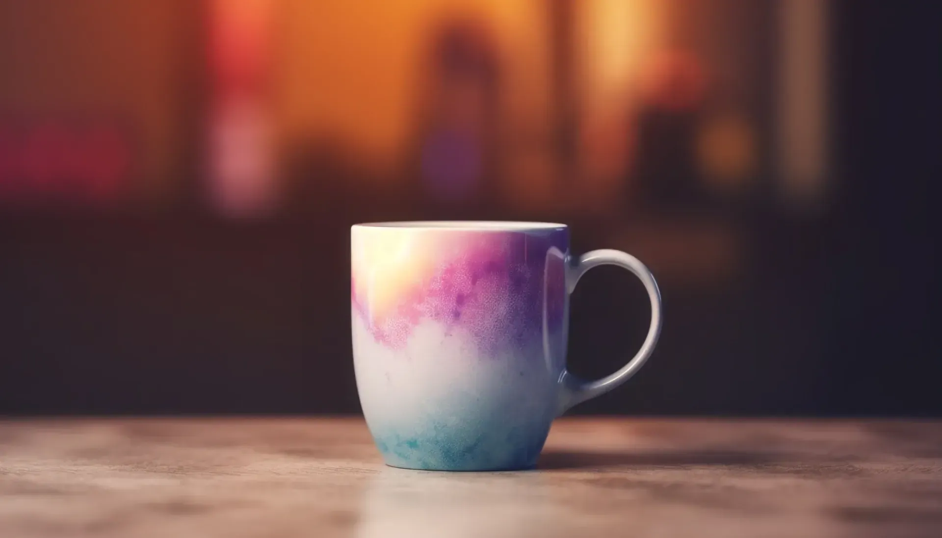 Una taza de café colorida está sobre una mesa de madera.