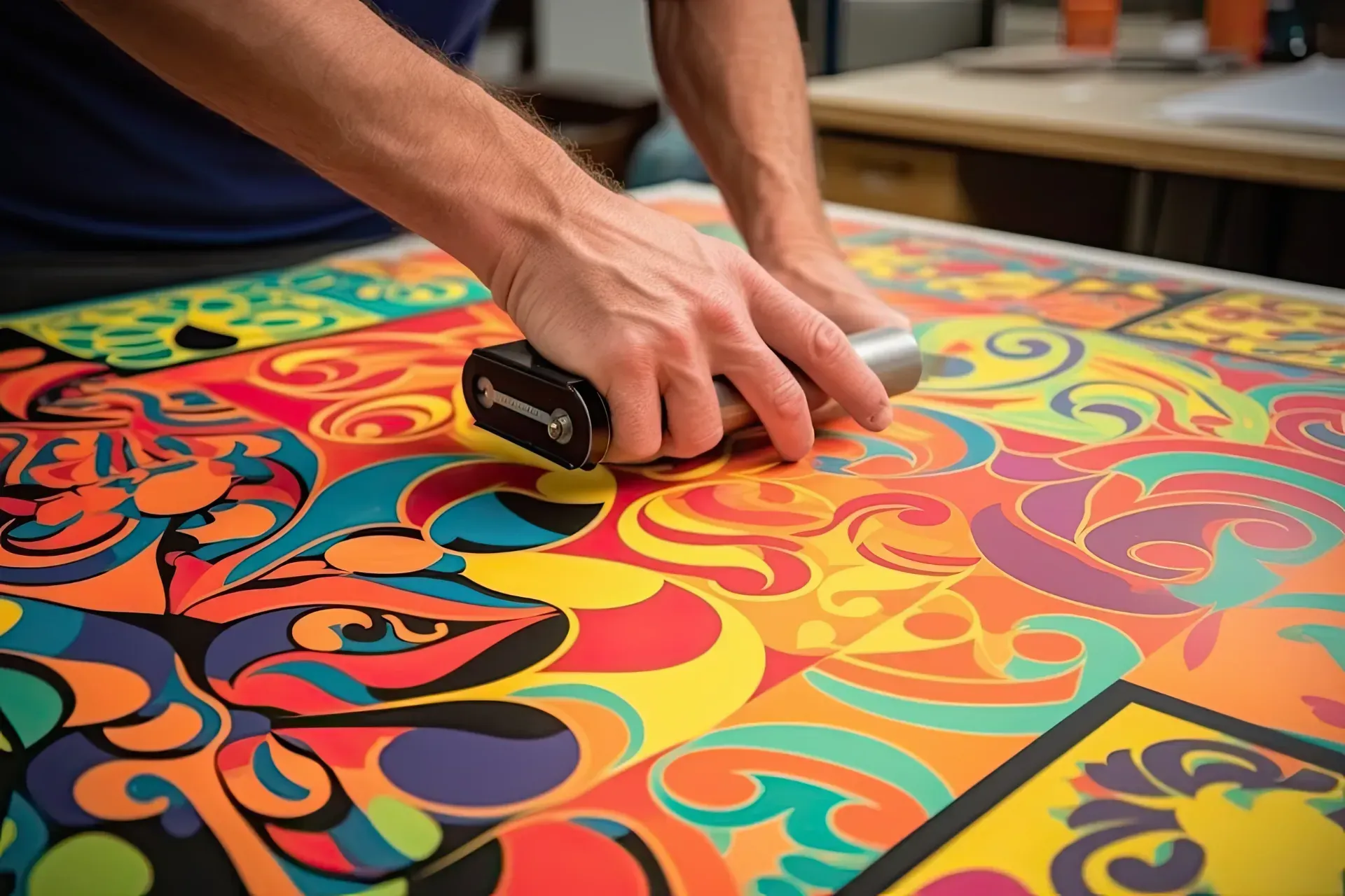 Una persona está utilizando un rodillo sobre un trozo de papel de color.