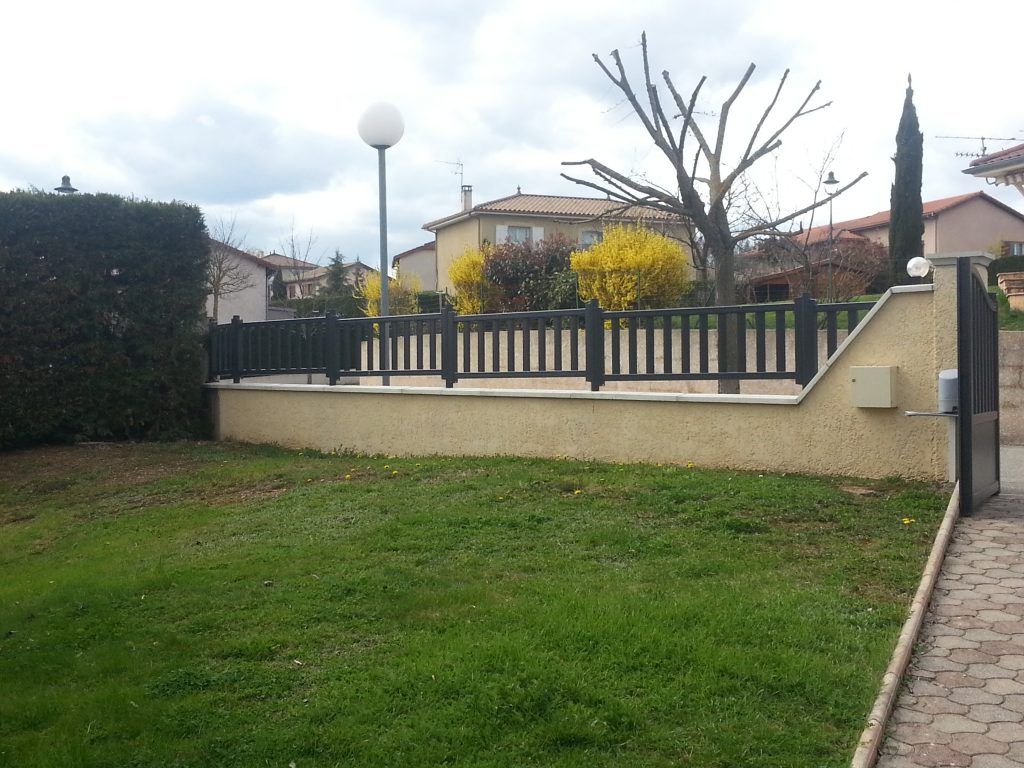 Clôture en alu foncé et jardin avec du gazon