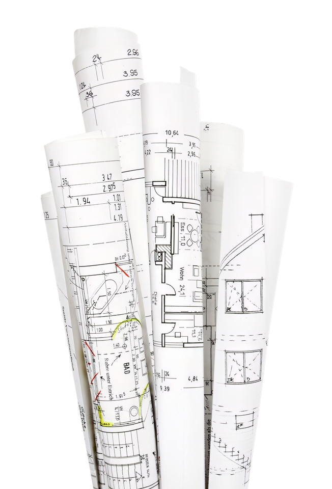 Un ensemble de rouleaux de plans architecturaux regroupés sur un fond blanc uni.