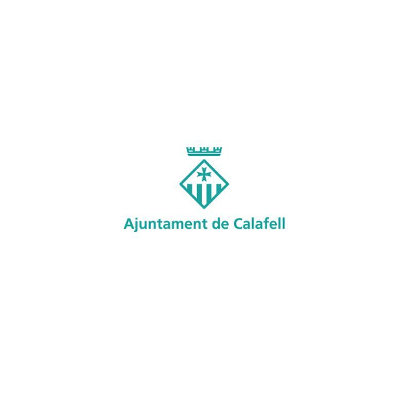 Logo of Ajuntament de Calafell in teal. Shield with cross, crown above, text: Ajuntament de Calafell.