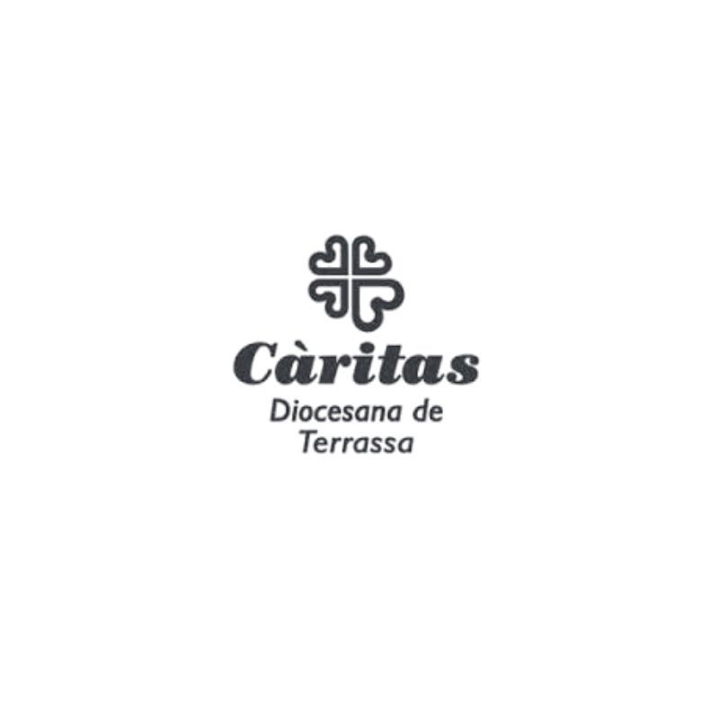 Logotipo de Cáritas Diocesana de Terrassa. Presenta un trébol de cuatro hojas estilizado sobre el nombre de la organización.