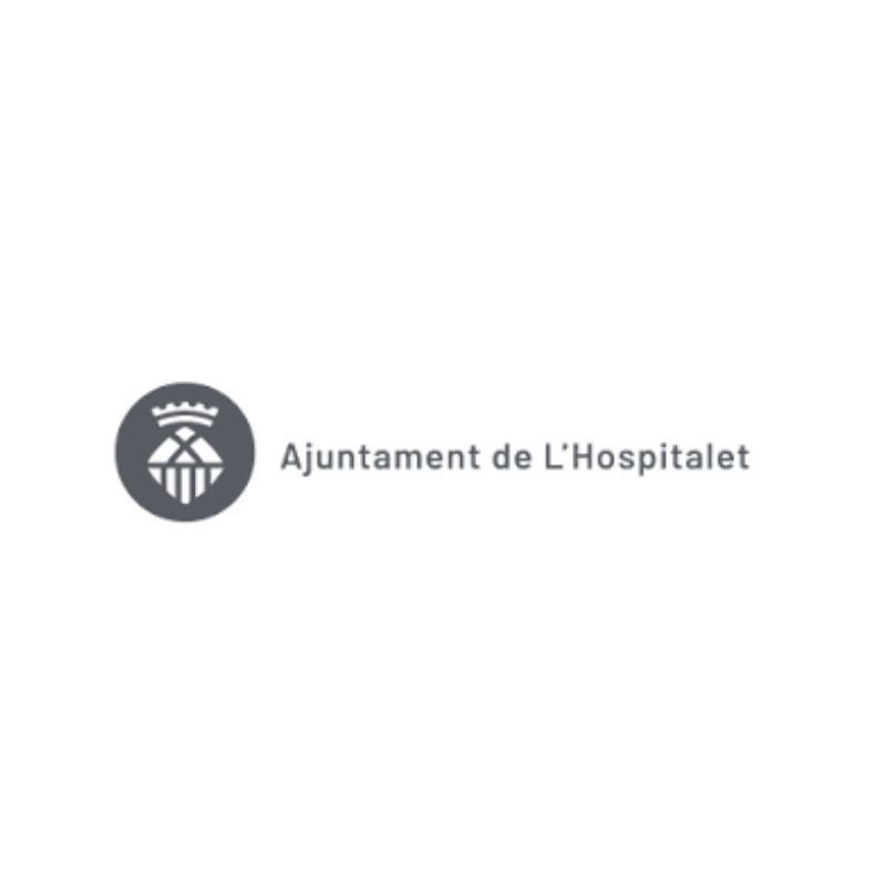 Logotipo del Ayuntamiento de L'Hospitalet: un círculo de color gris oscuro con un escudo y un texto.