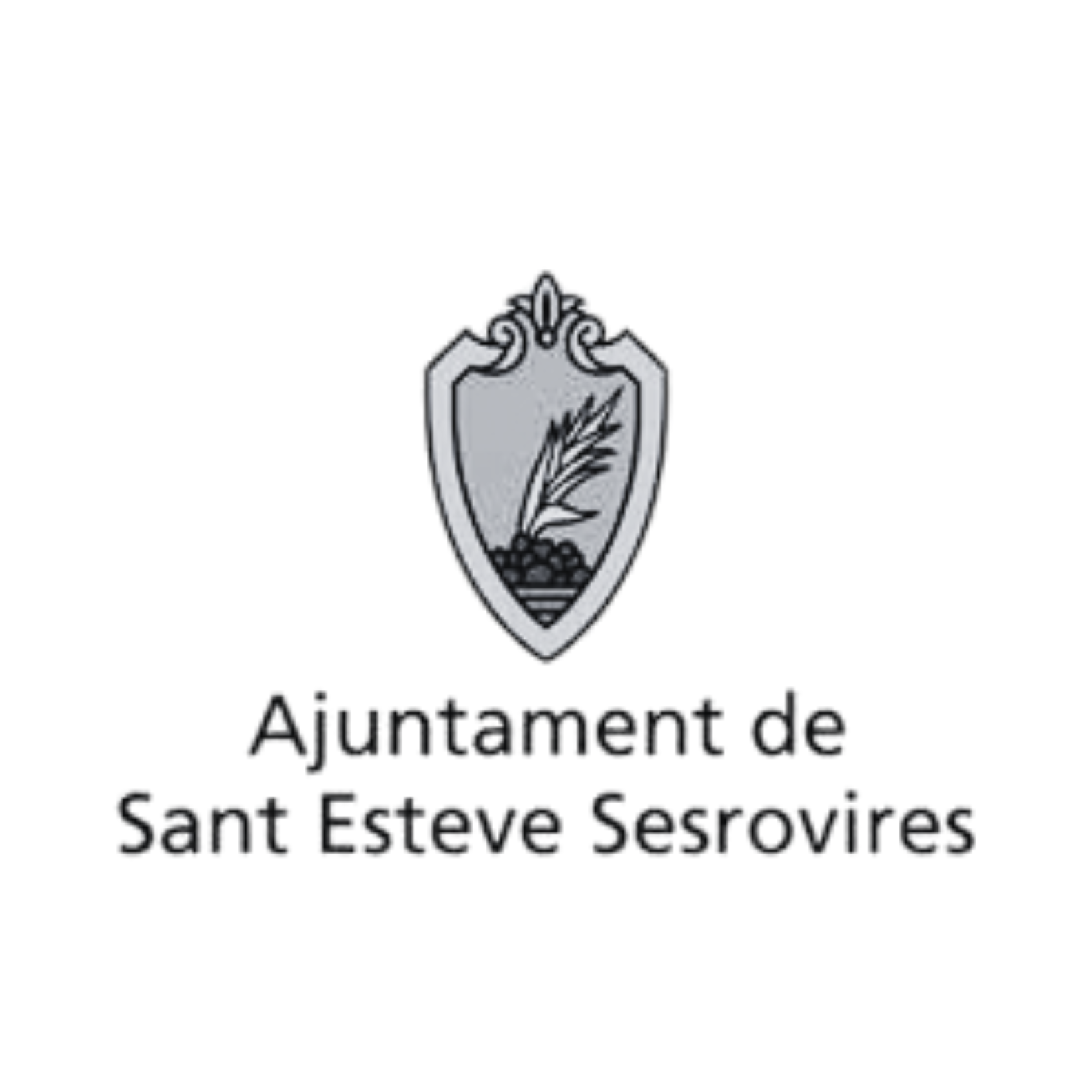 Escudo del Ayuntamiento de Sant Esteve Sesrovires: escudo gris con planta, texto debajo.