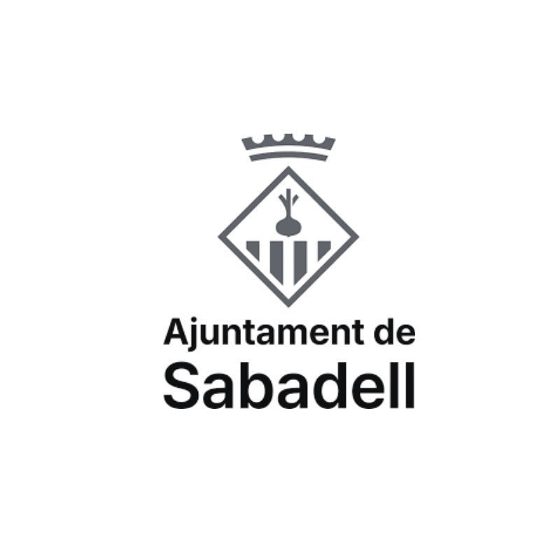 Logotipo del Ayuntamiento de Sabadell: escudo con corona, rombo con líneas verticales, texto debajo.