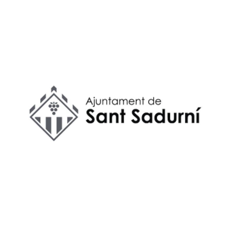 Logotipo del Ayuntamiento de Sant Sadurní: Rombo con racimo de uva, barras verticales, texto