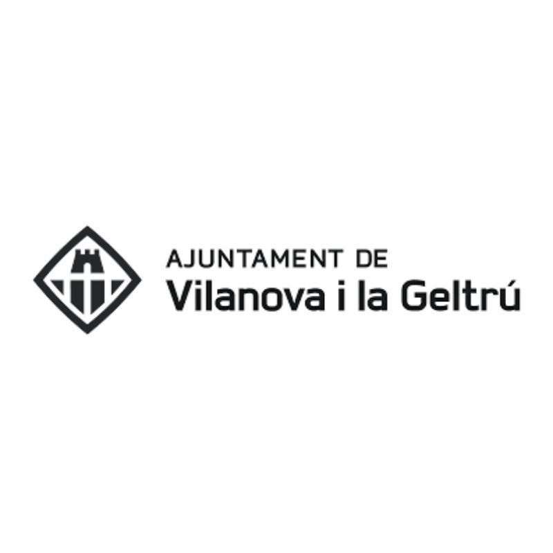Logotipo del Ayuntamiento de Vilanova i la Geltrú: rombo con castillo, líneas verticales; texto.