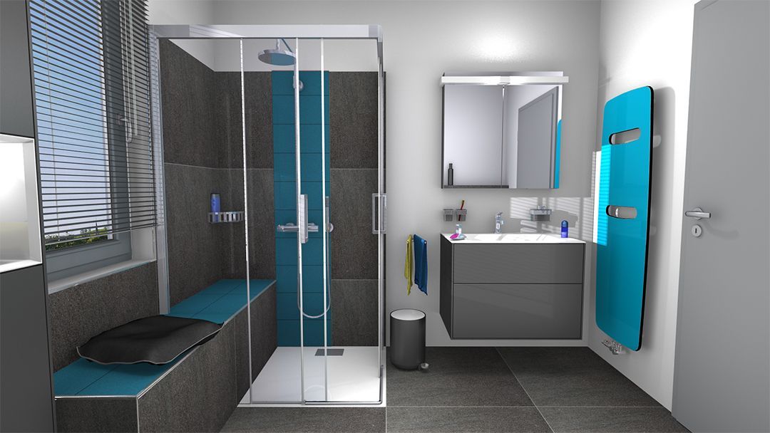 Ein Badezimmer mit Dusche, Waschbecken, Spiegel und Fenster.